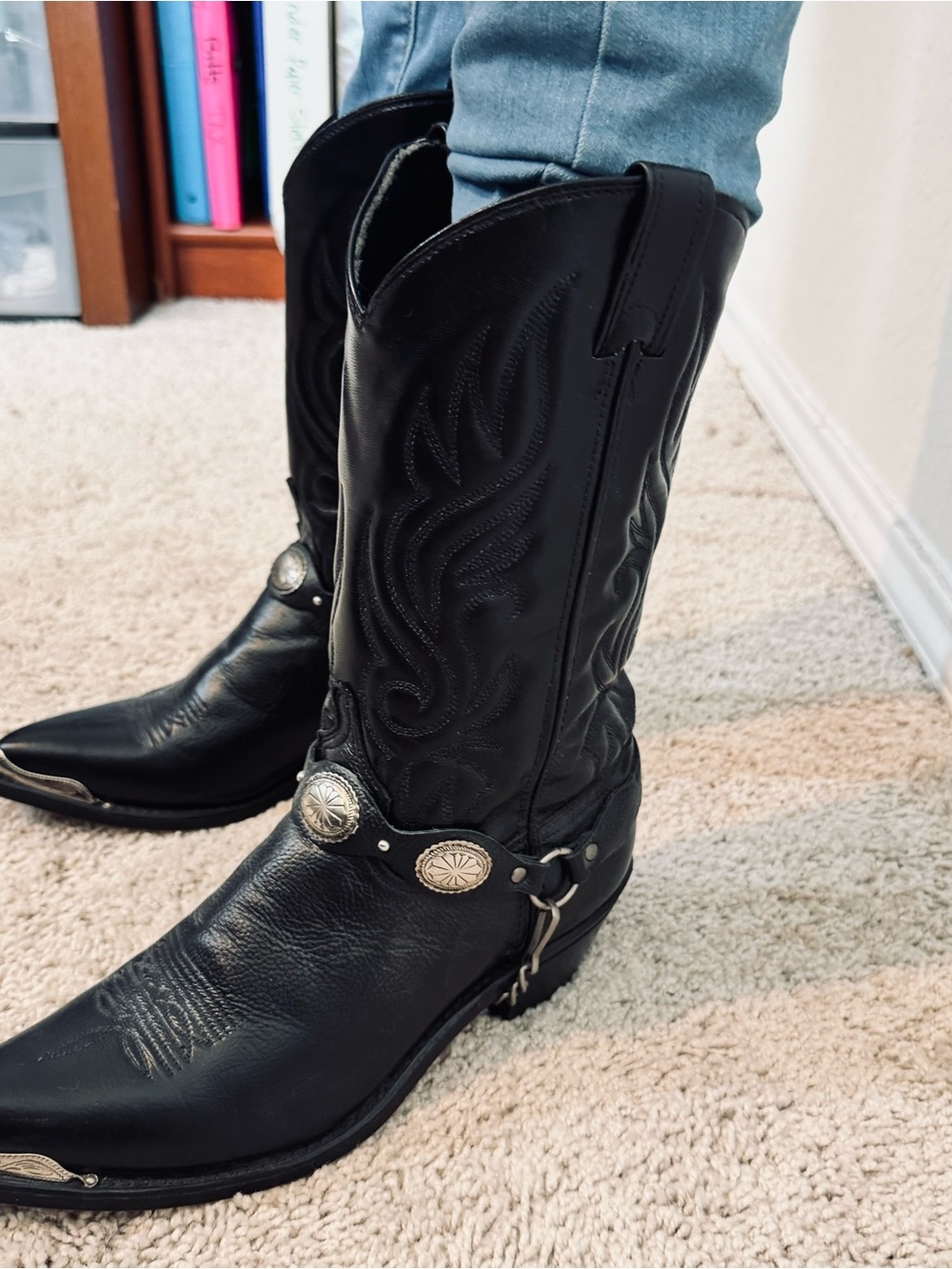 Abilene Boot Co. Black Leather Western Heeled Boots with Silver Concho Straps